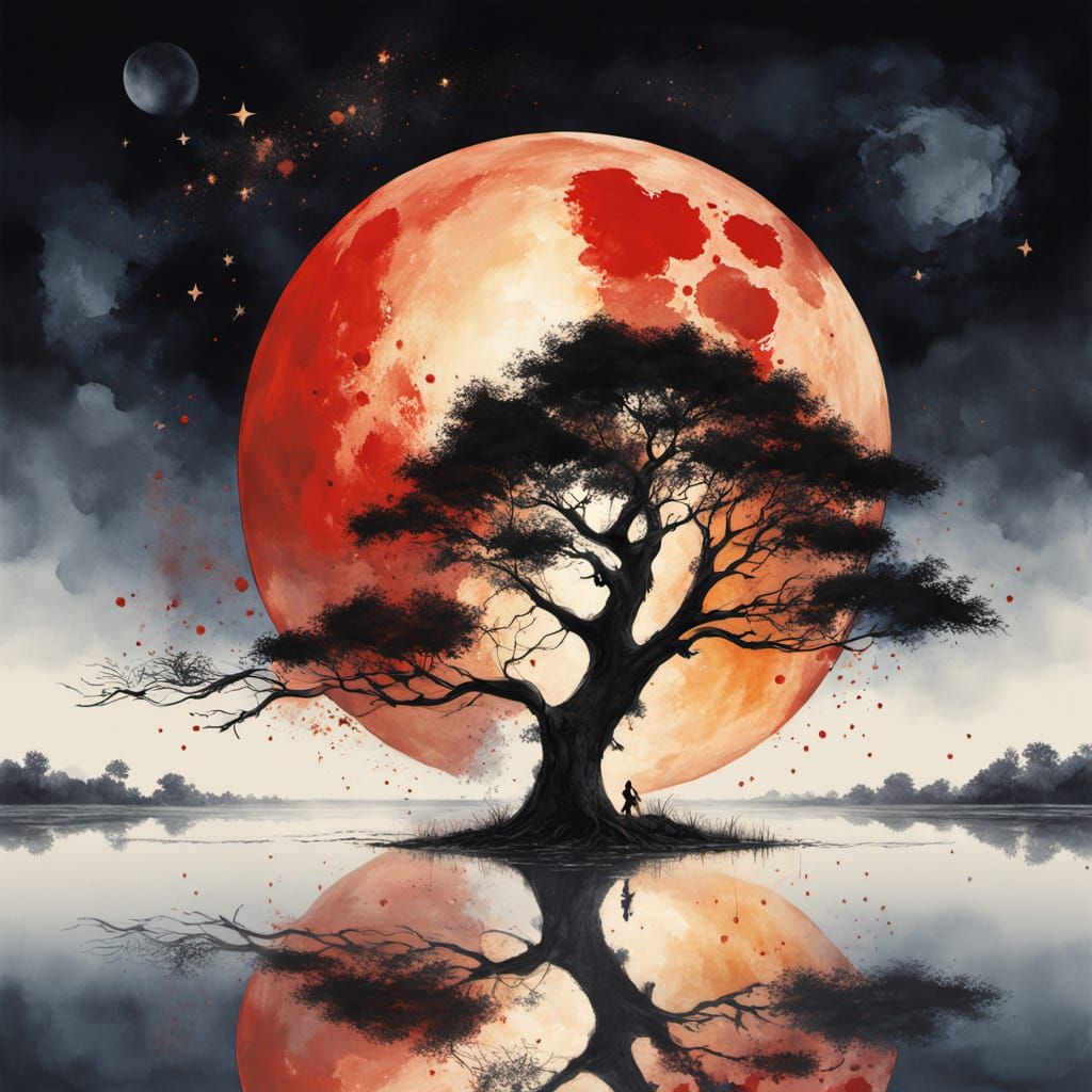 blood moon, old gnarled tree