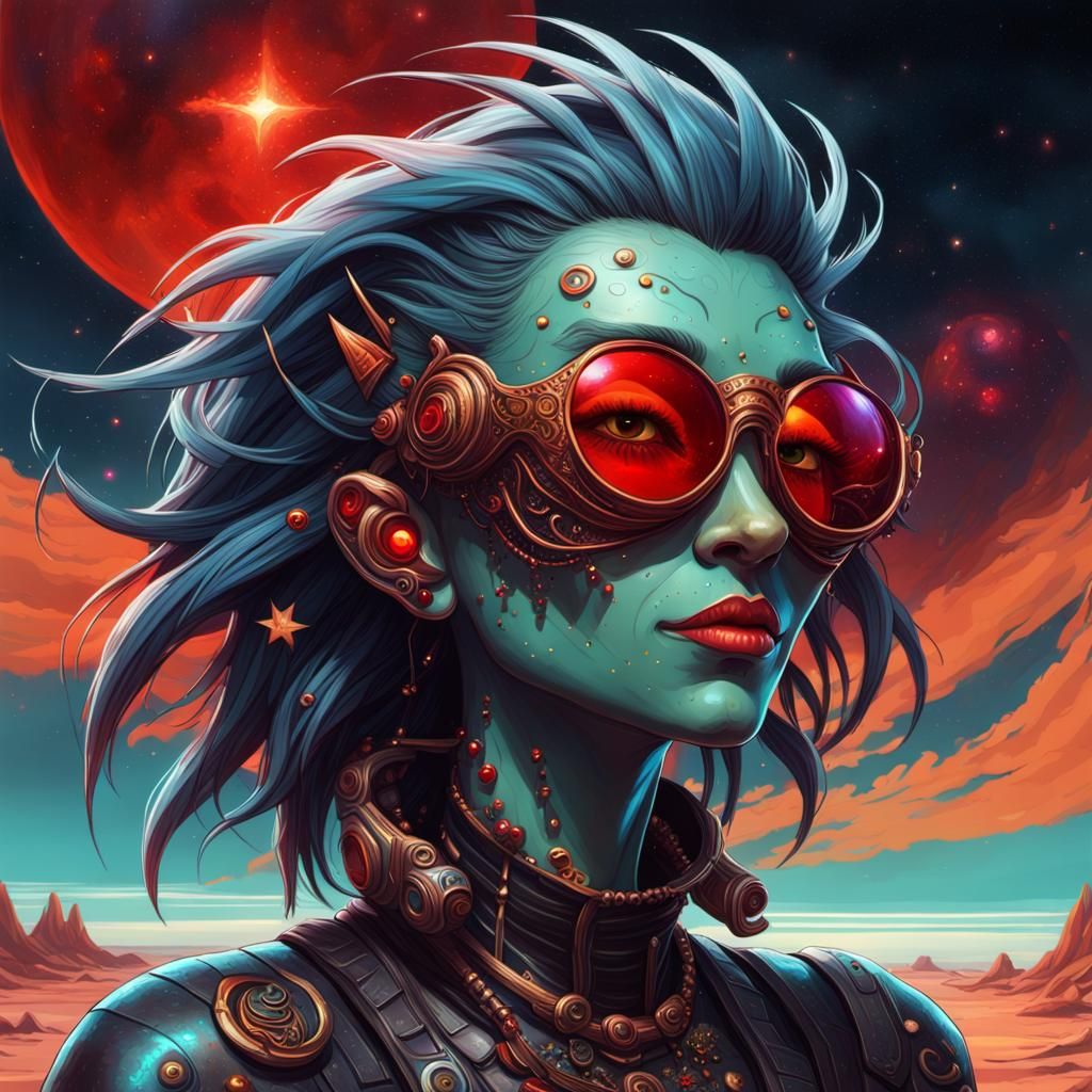 Gothic Cyberpunk Goddess with Cosmic Hair and Red Eyes