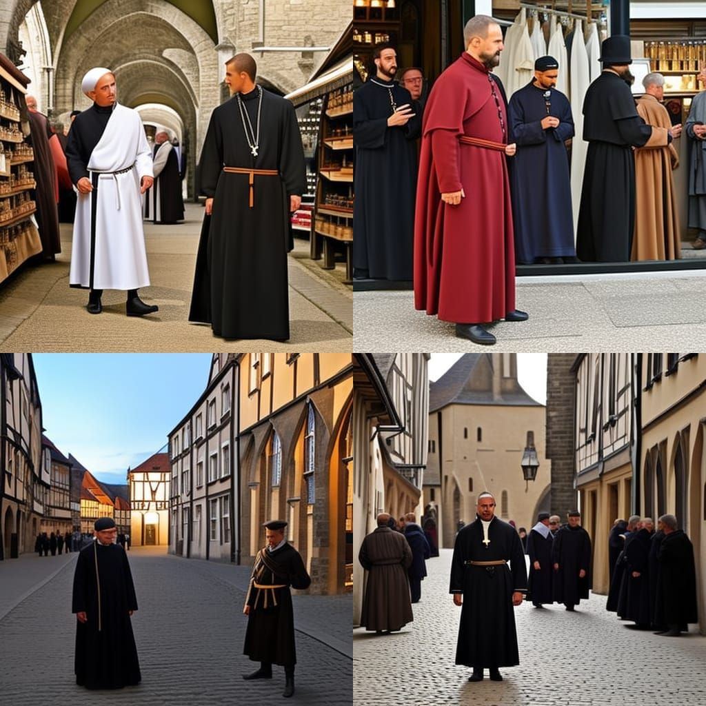 Venerable Clergy in Bustling Medieval Market Scene
