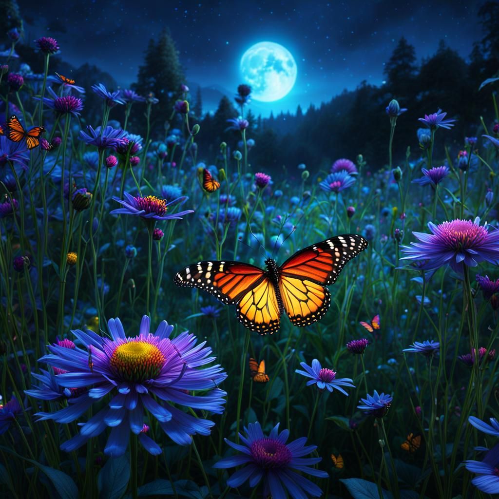 Fantastical Butterfly in an Enchanted Field at Dusk