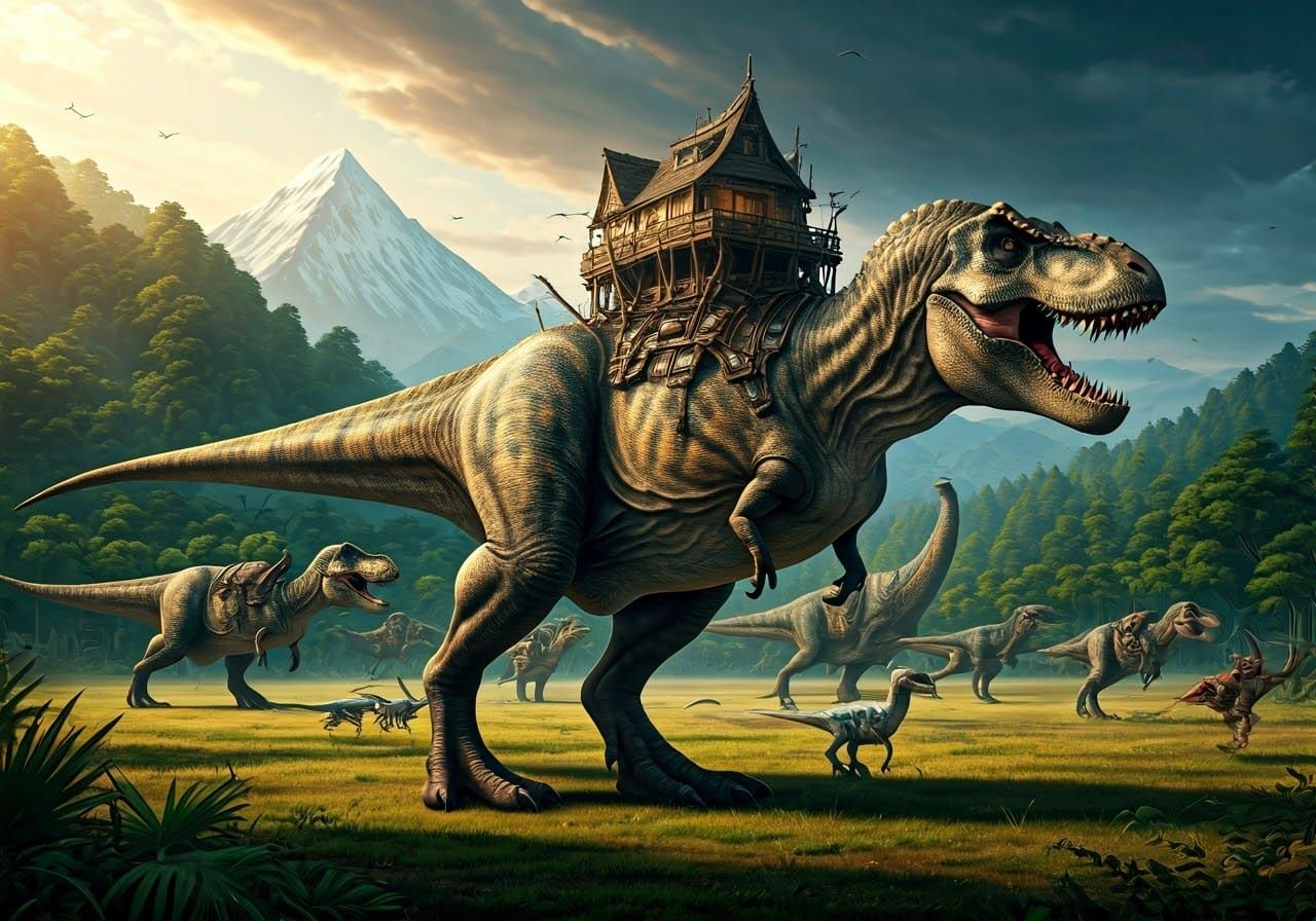 Tyrannosaurus Rex and Brachiosaurus in a Fantastical Land