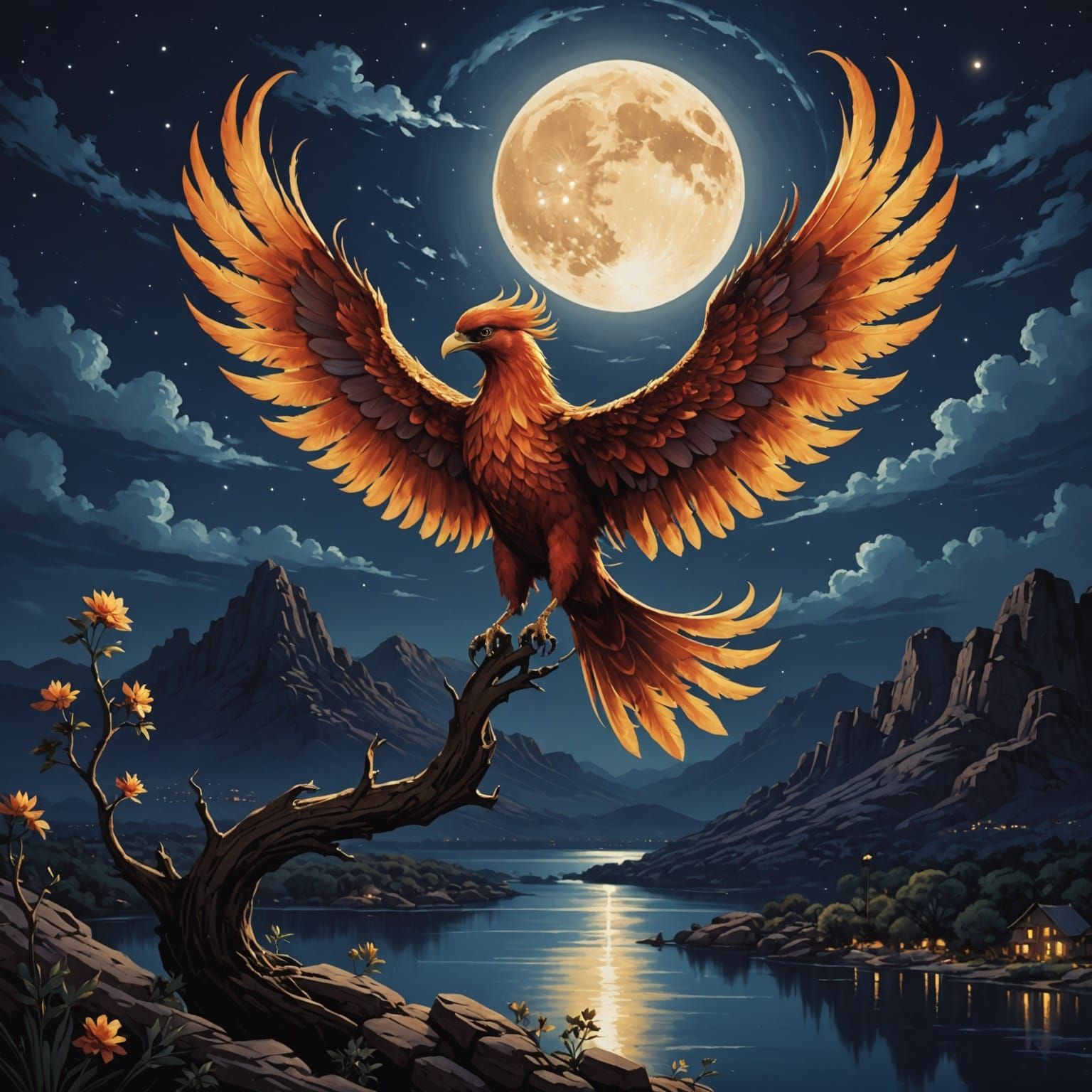Fiery Phoenix Rising Under Moonlight