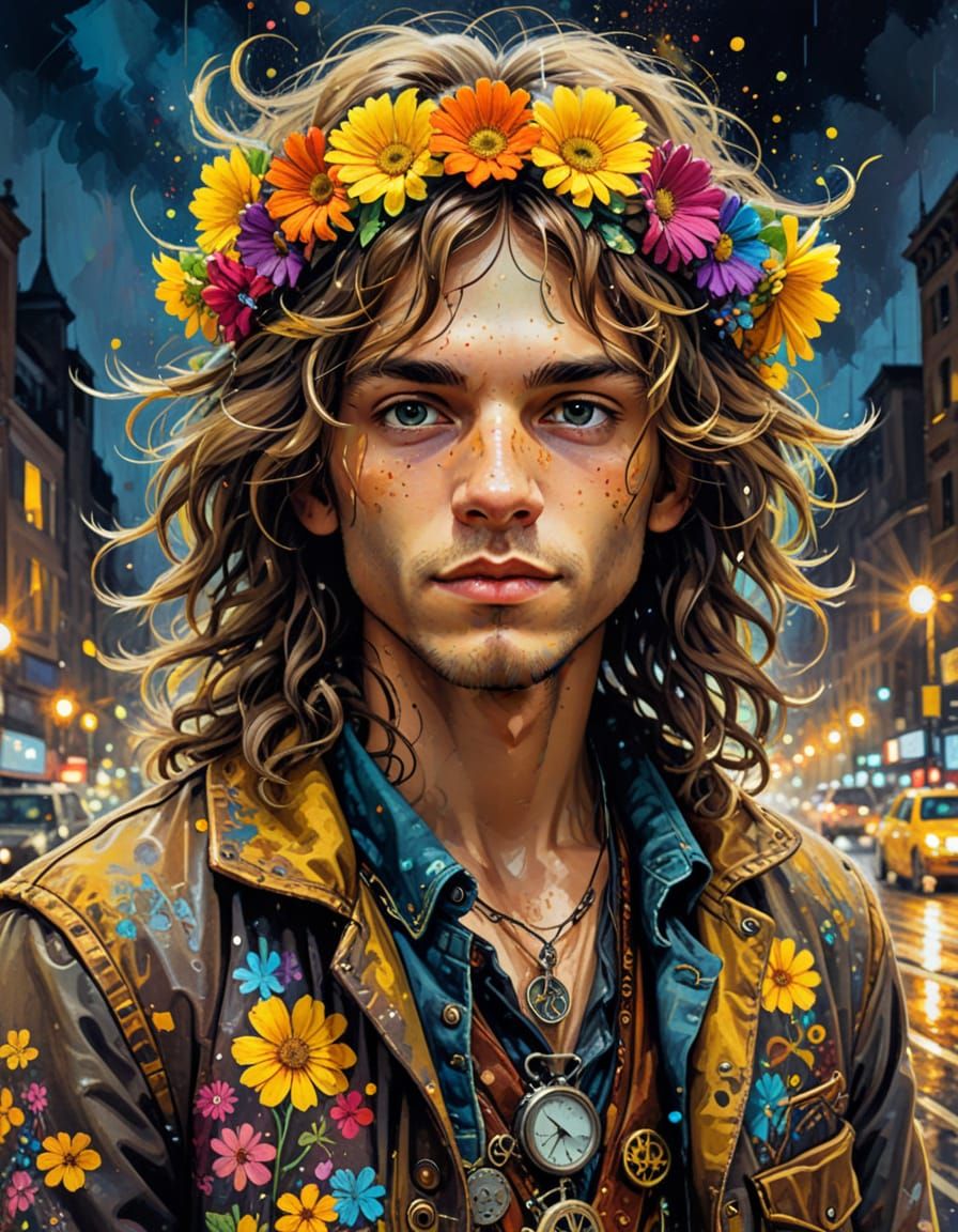 Steampunk Hippie in a Night City, Oil Painting