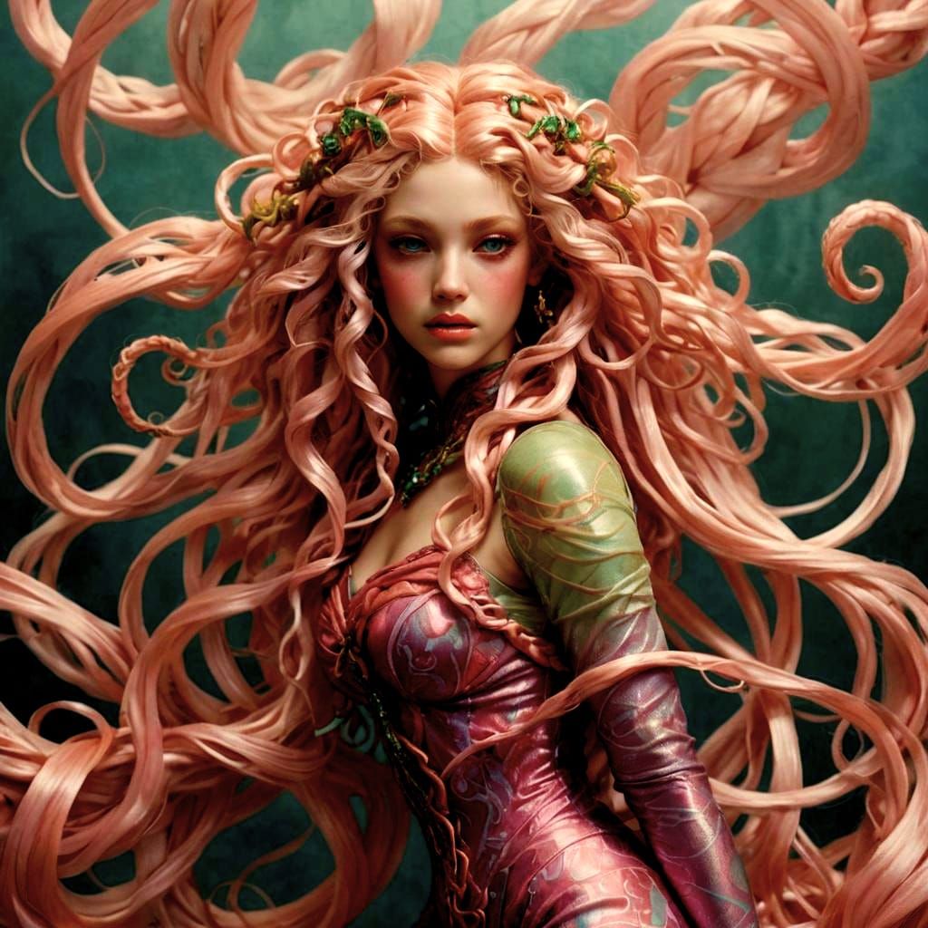 Elegant Gorgon with Flowing Sea Green Hair