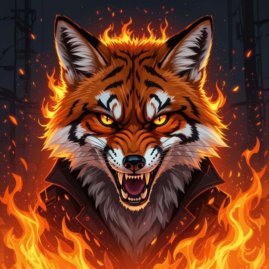 Fiery Striped Fox in Dark Realistic Style