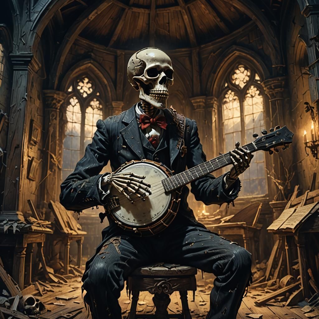 Ethereal Banjo Player in Haunting Church Scene