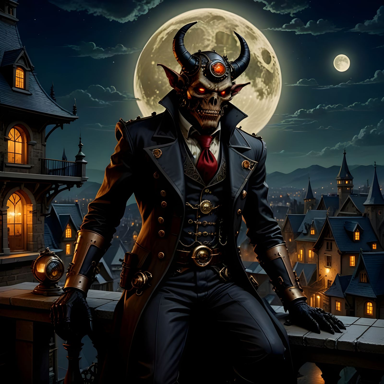 Steampunk demon on the terrace overlooking the village under a full moon