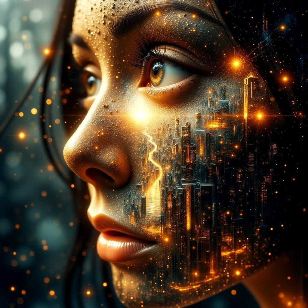 Metallic Twilight: Woman's Face with Cityscape