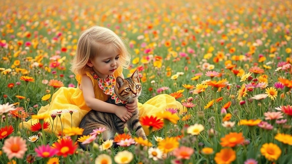 Girl and Cat in Flower Field, Storybook Illustration