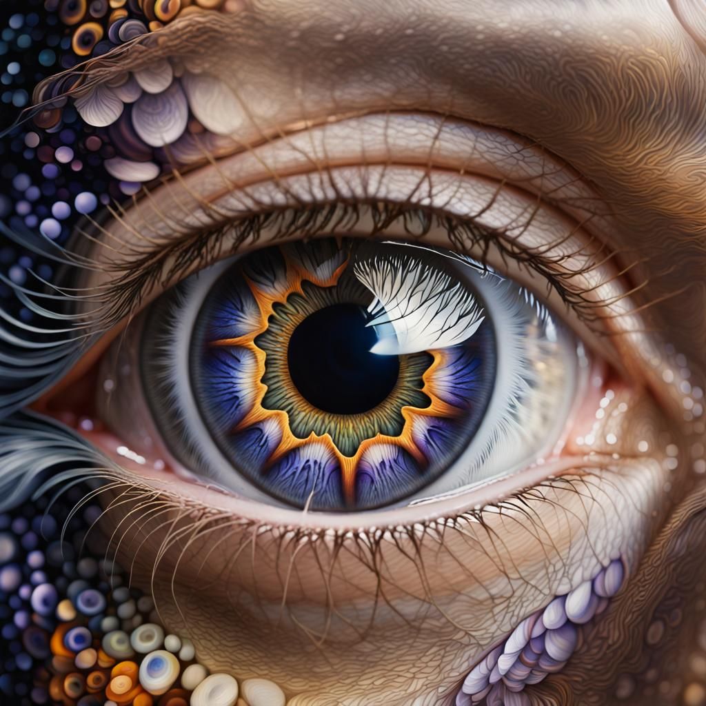 Abstract Realism Fusion, Hyperrealistic human eye featuring a fractalized iris, Hyperrealism+Abstract, Darren Aronofsky+...