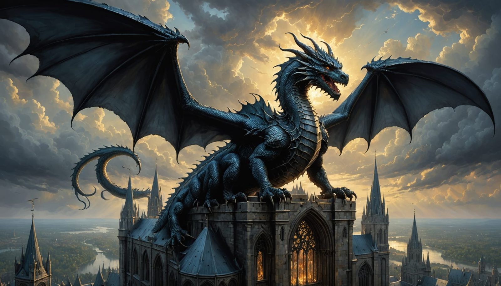 Ancient Dragon on Gothic Spire Oil Painting