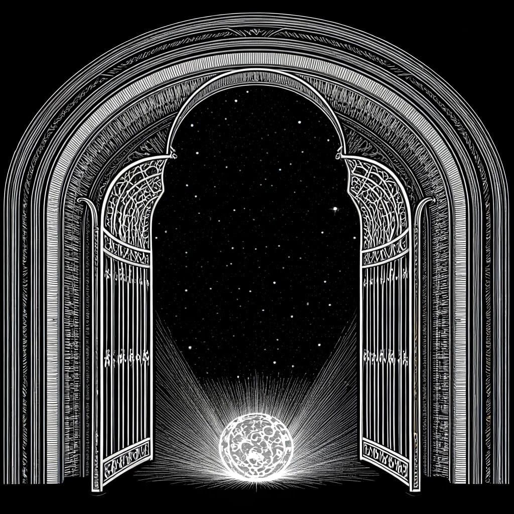 Celestial Gate Unveiled in Elegant, Hand-Drawn Style