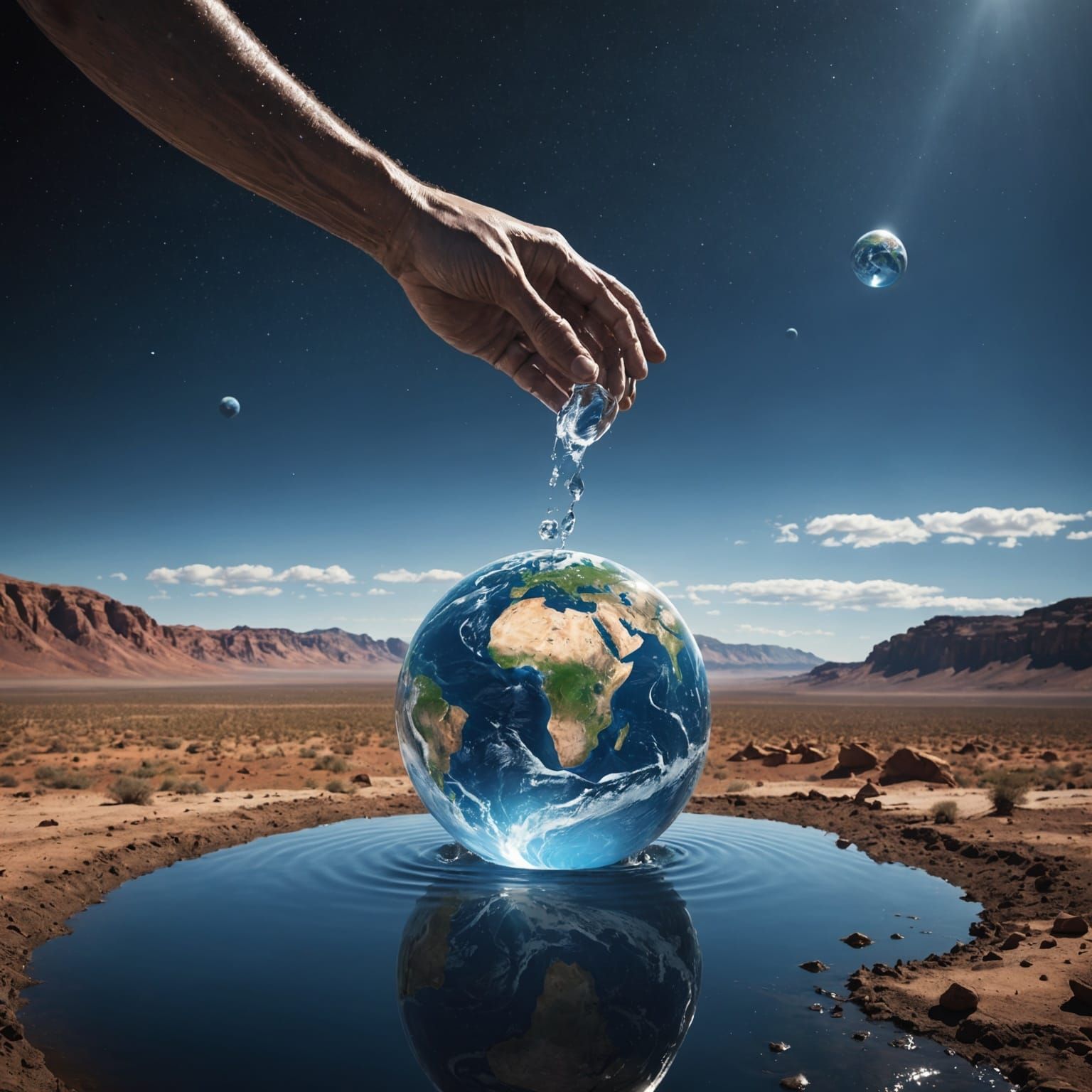 Giant Hand Watering a Dying Earth in a Futuristic Landscape
