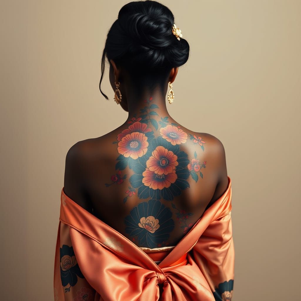 Surreal Portrait of a Black Woman with Japanese Tattoo in Vi...