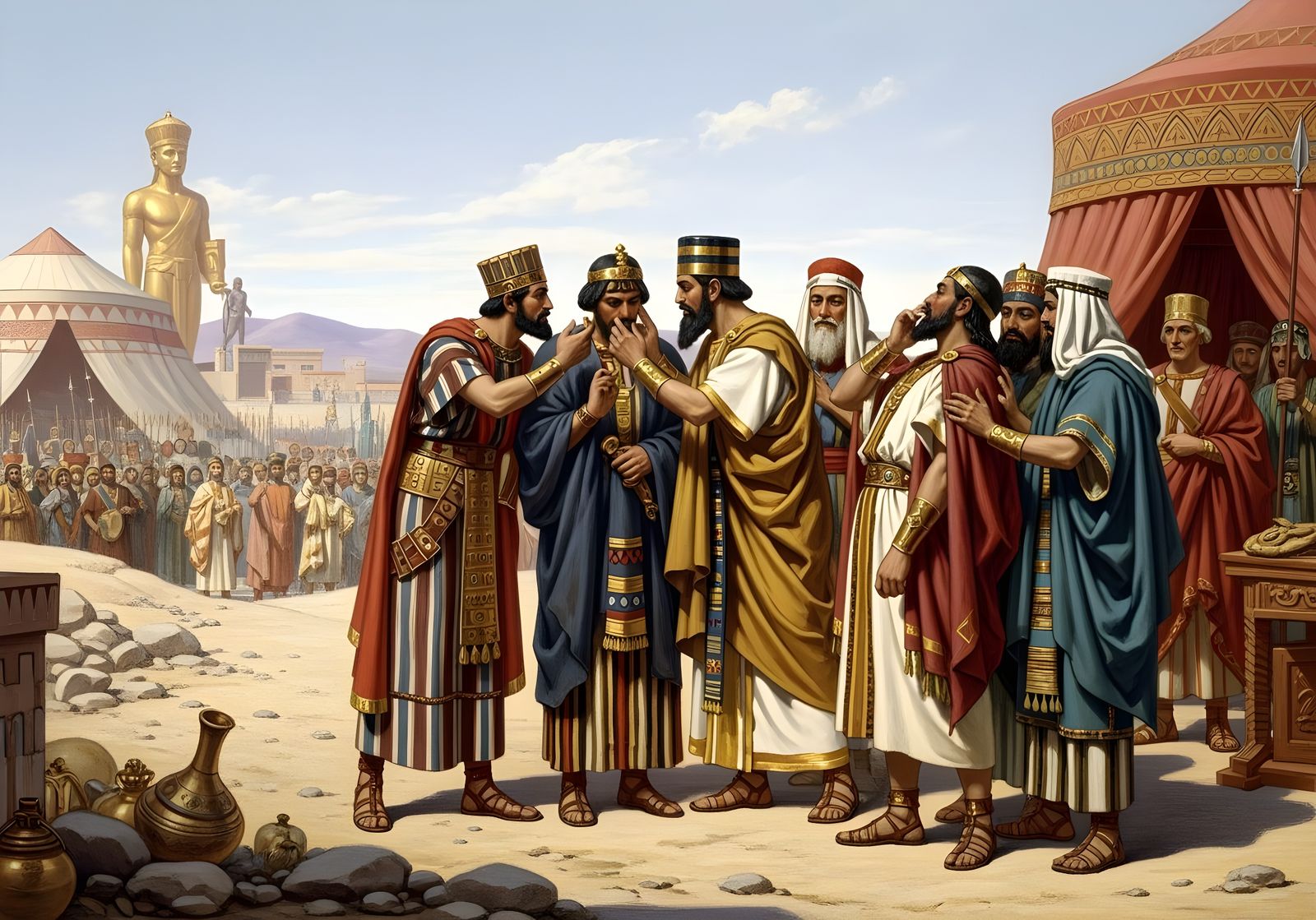 Babylonian Noblemen Examined by King, Biblical Art Style