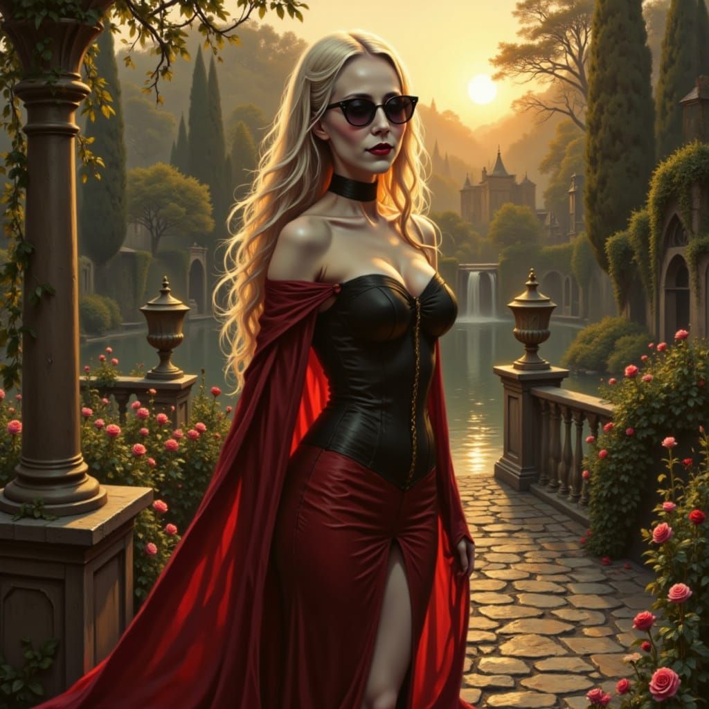 Seductive Vampire Woman in Sunset Garden