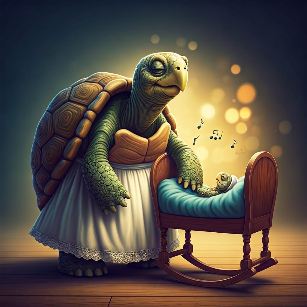 Turtle Granny Sings Lullaby: Hyper-Realistic Airbrush Art