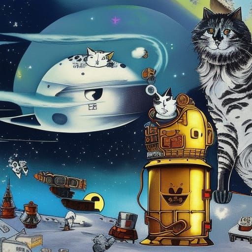 Biopunk Cat Painting: Woodblock and Surrealist Styles