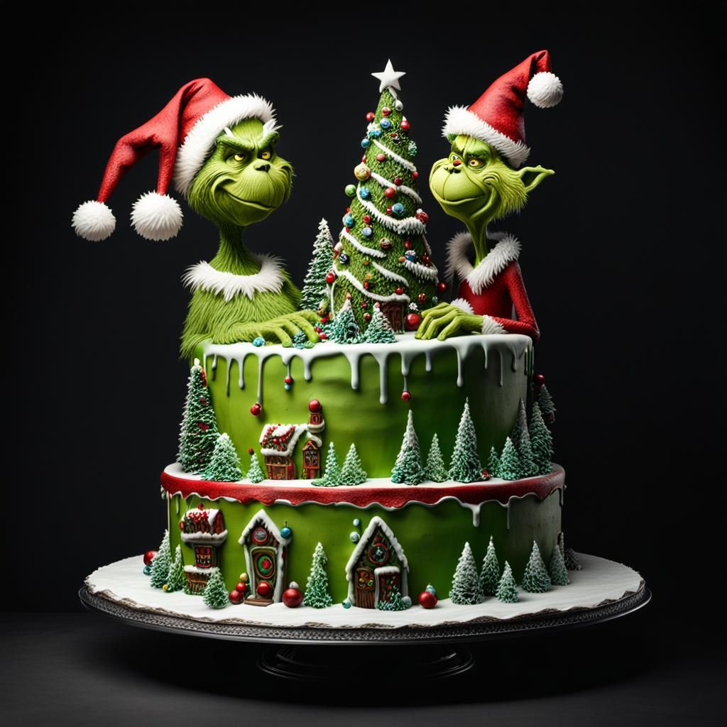 Surreal Cake Sculpture of Mr. and Mrs. Grinch in Festive Hol...