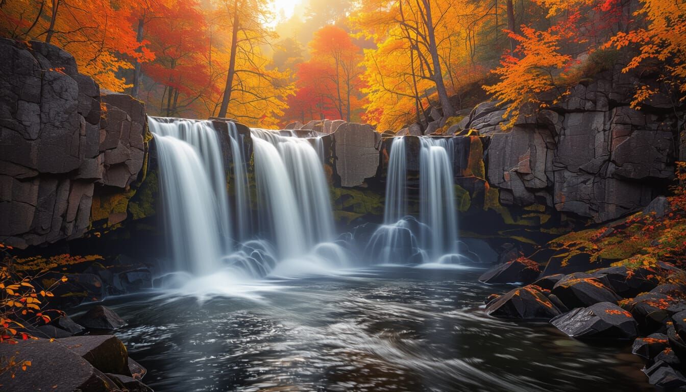 Fiery Autumn Waterfall in Dramatic Landscape Style