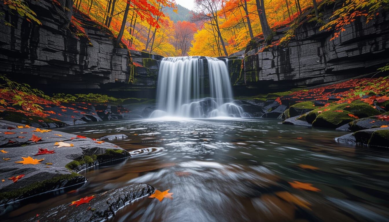 Autumn Waterfall in Dramatic Black and White