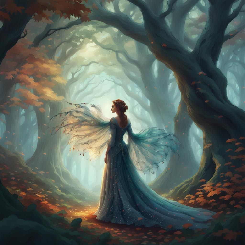 Ethereal Lady in Majestic Forest, Inspired by Fantasy Art