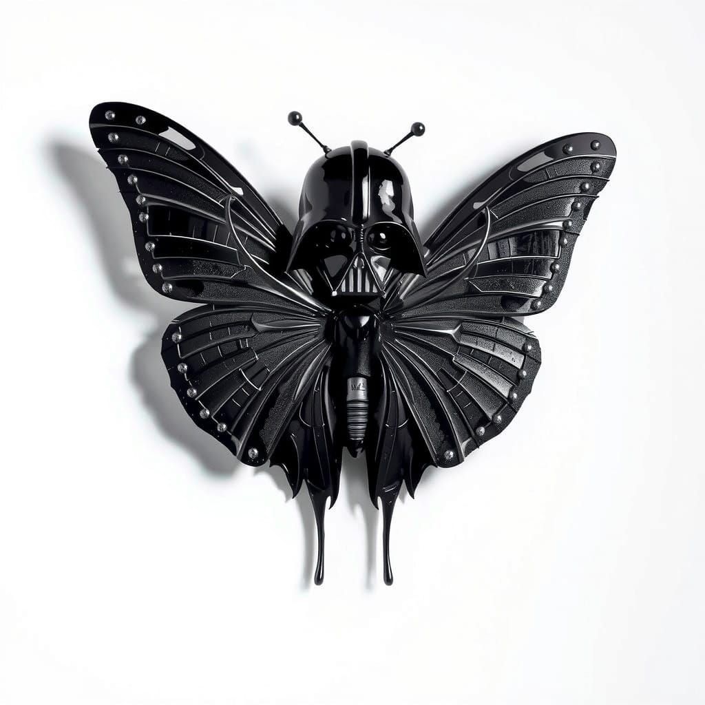 Cybernetic Black Butterfly perched on Metallic Branch