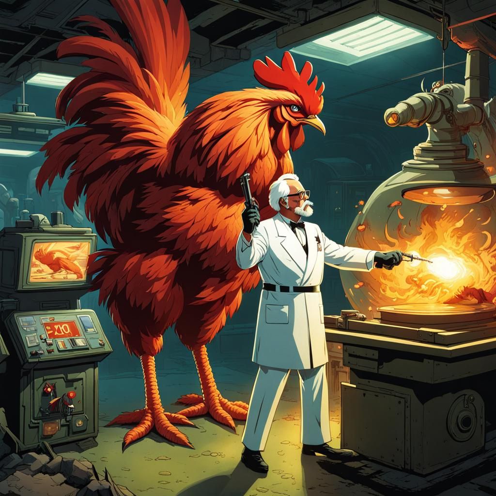 Colonel Sanders Battles Mutant Rooster in Lab