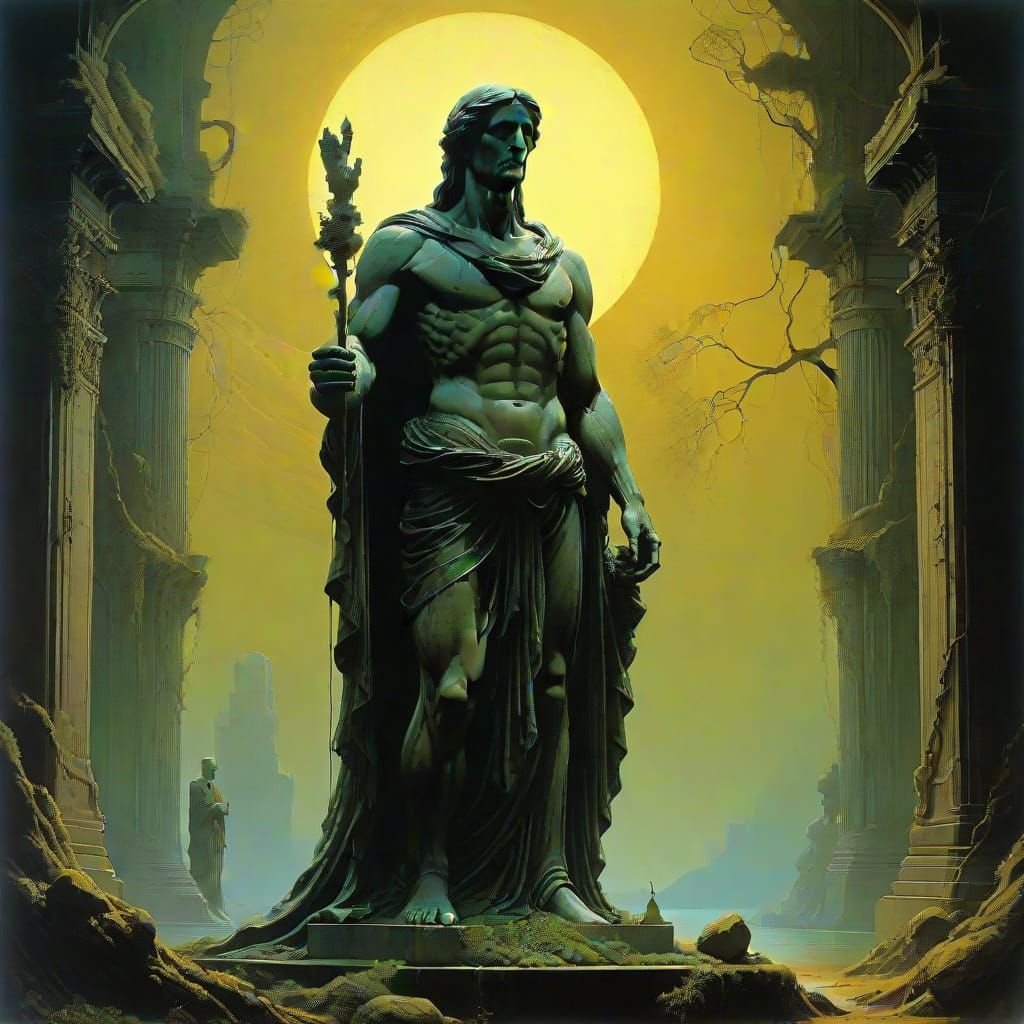 Ancient Statue in Solar Eclipse Glow