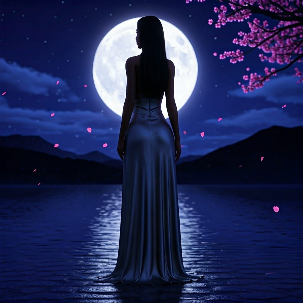 Backlit Asian Woman Silhouette Under Moonlight