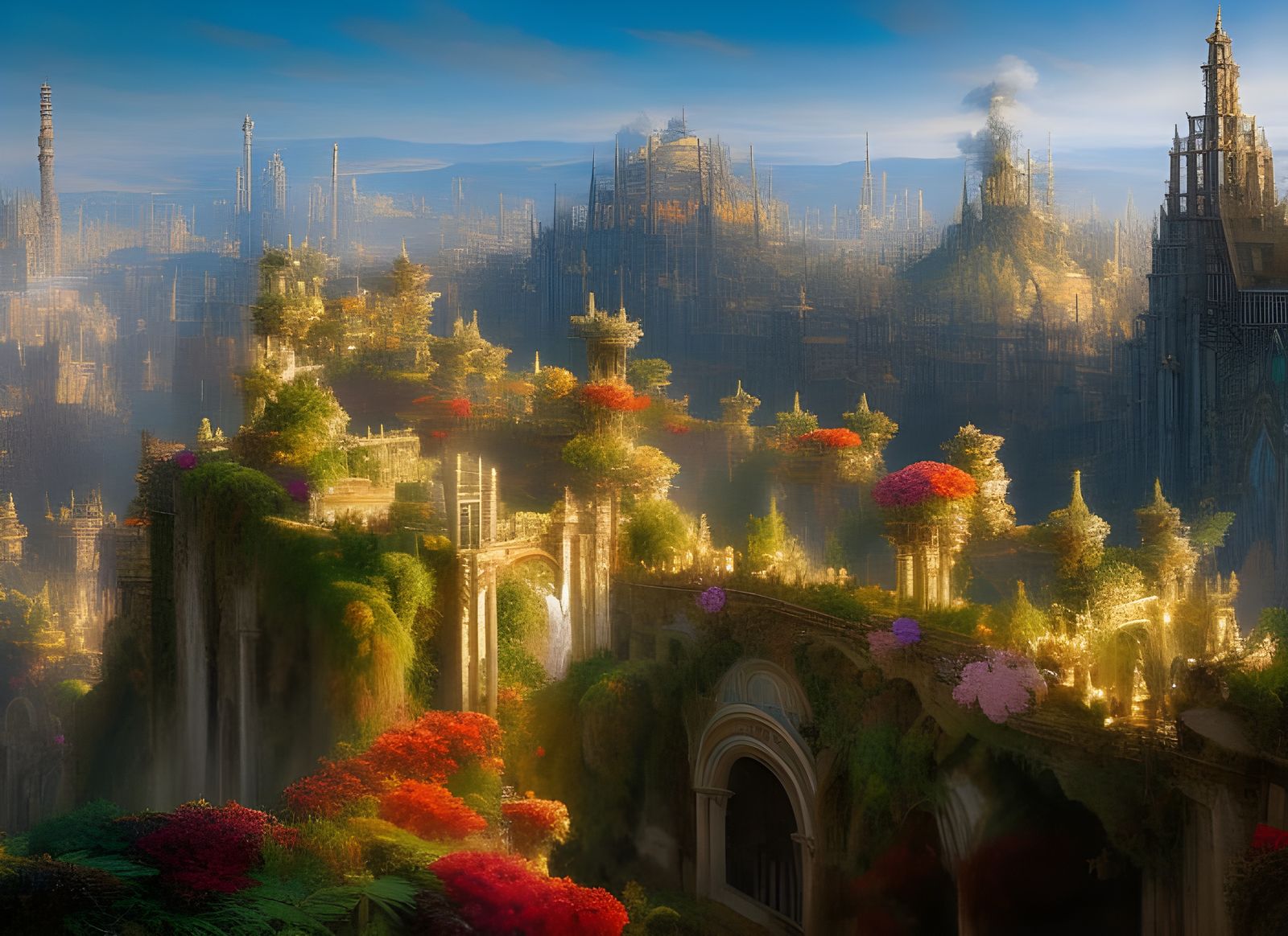 Epic Terraced Flower Citadel in High Fantasy Style