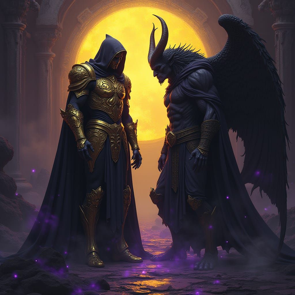 Light Warrior vs Dark Devil in Art Nouveau Style