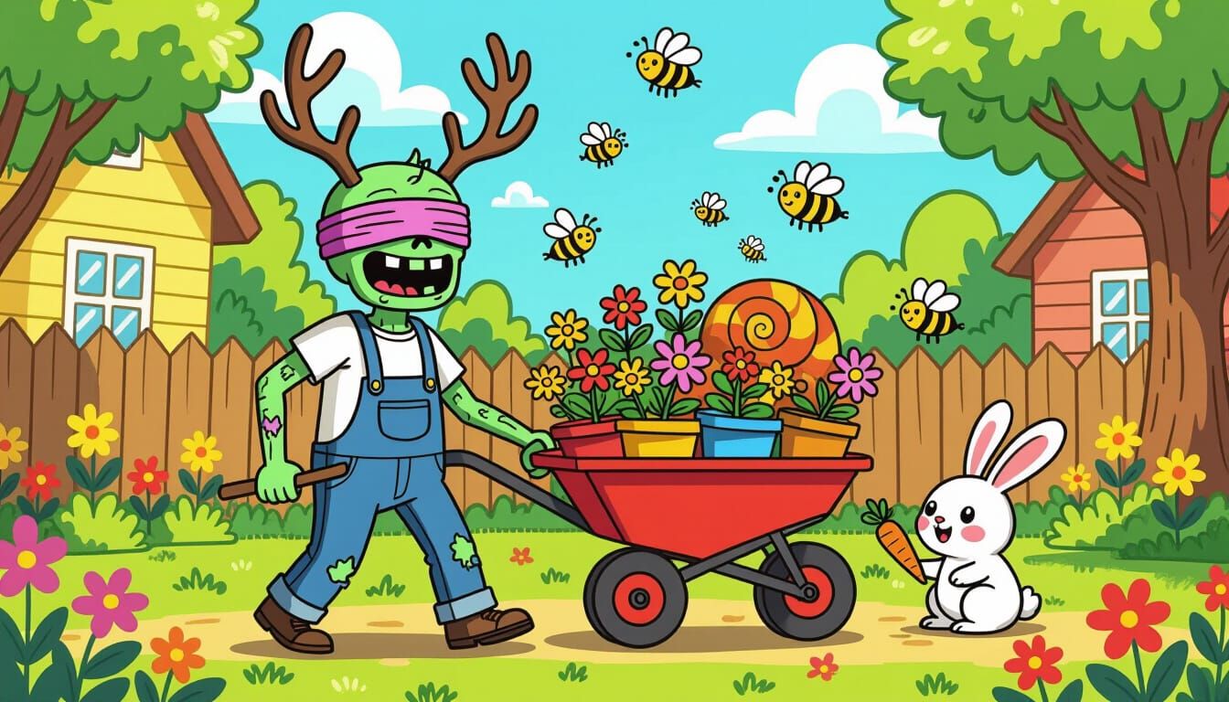 Cartoon Zombie's Whimsical Wheelbarrow Garden Adventure