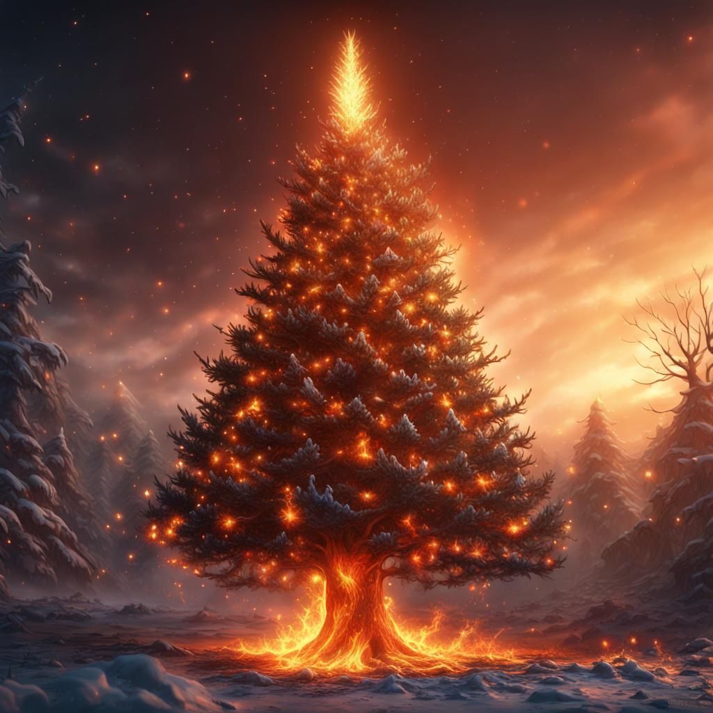 Fantastical Christmas Tree Inferno in Vibrant Colors