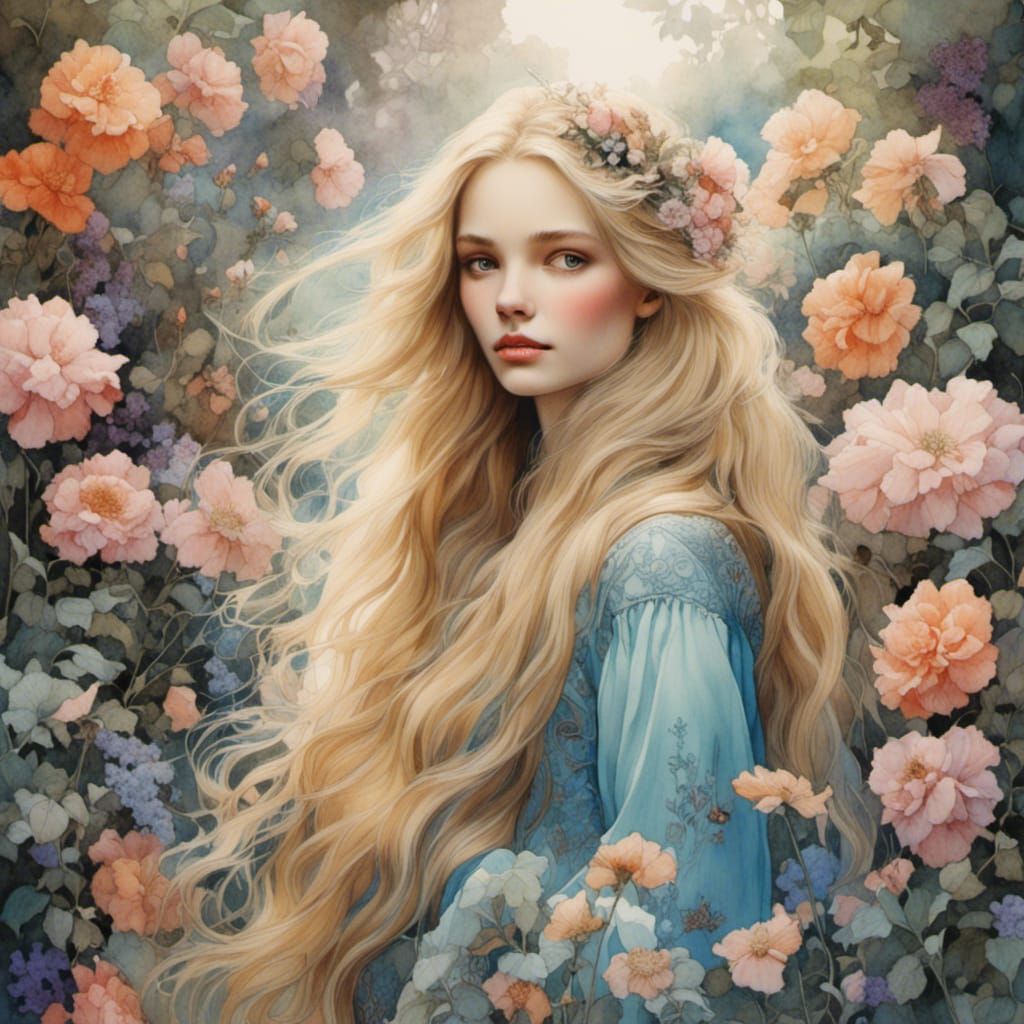 Young Lady in Whimsical Floral Garden, Romantic Watercolor S...