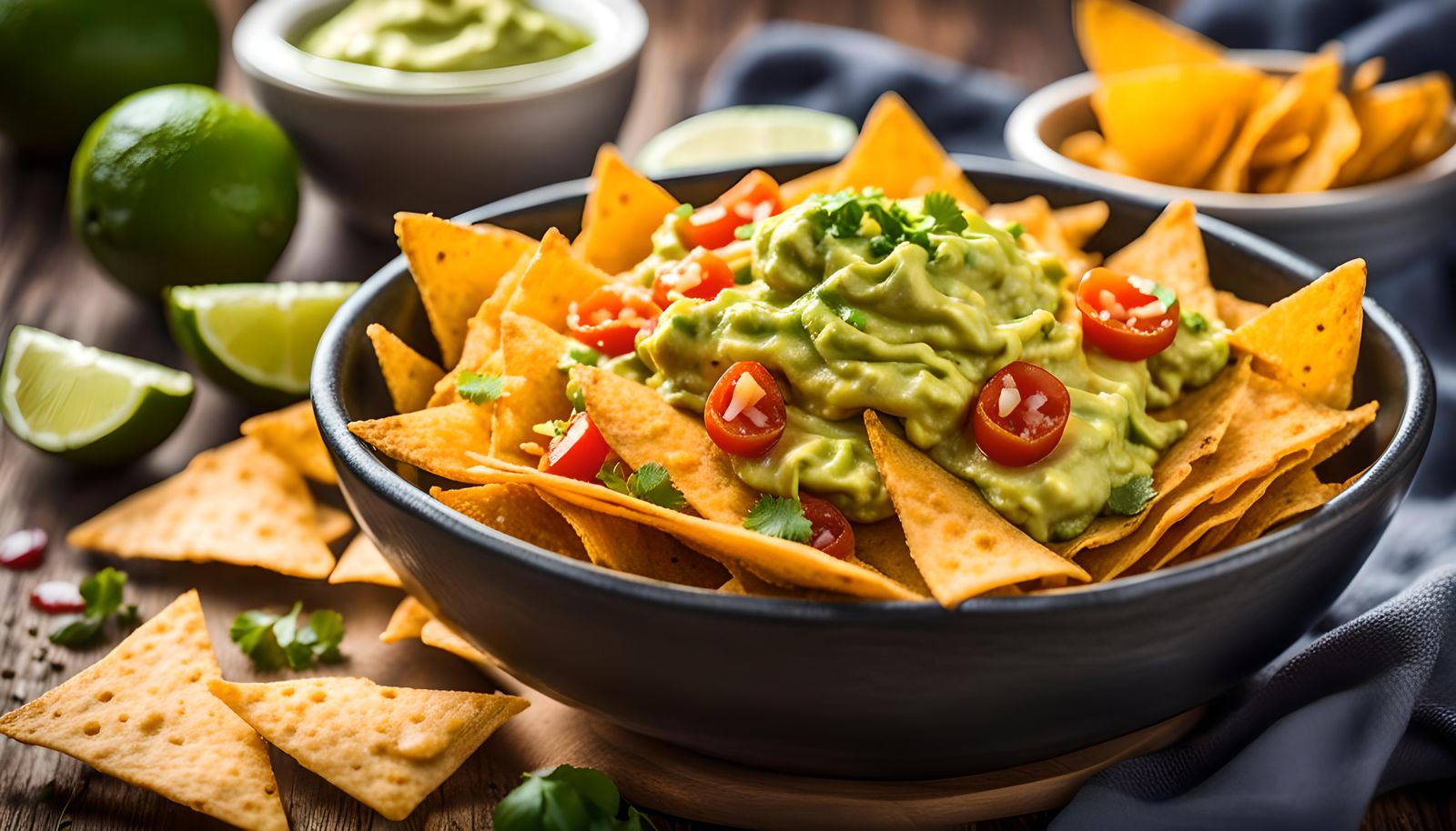 Golden Nachos with Creamy Guacamole in Vibrant Bokeh Lightin...