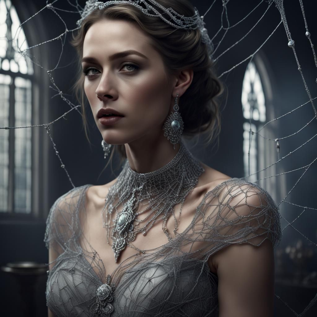 Ethereal Woman Ensnared in a Web of Silver Splendor