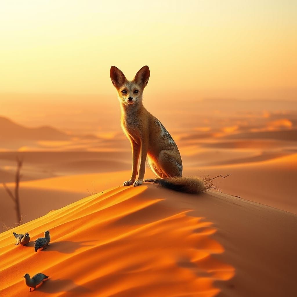 Fennec Fox in Sahara Desert Landscape at Golden Hour