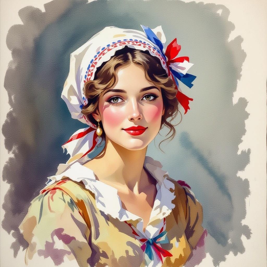 Marianne with Phrygian Cap and Cockade in Watercolor Style