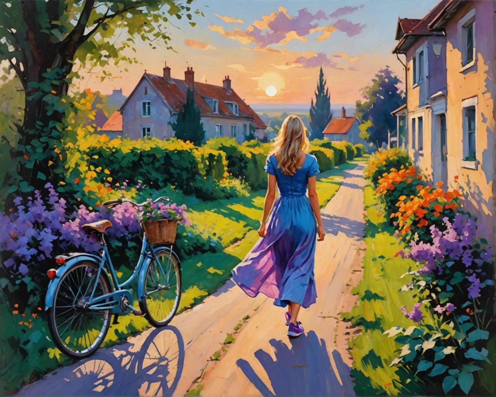 Impressionist Countryside Village Scene with Blonde Girl Wal...