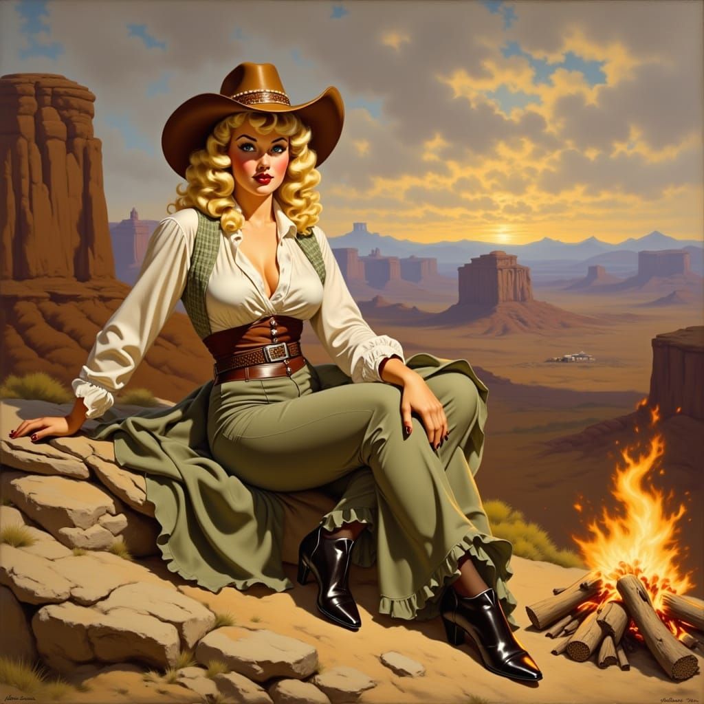 Cowgirl Near Campfire in Monument Valley as Painting
