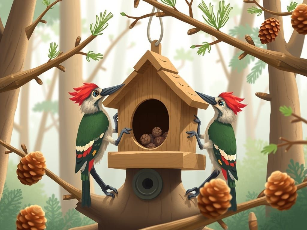Woodpeckers Build Birdhouse in Enchanted Forest
