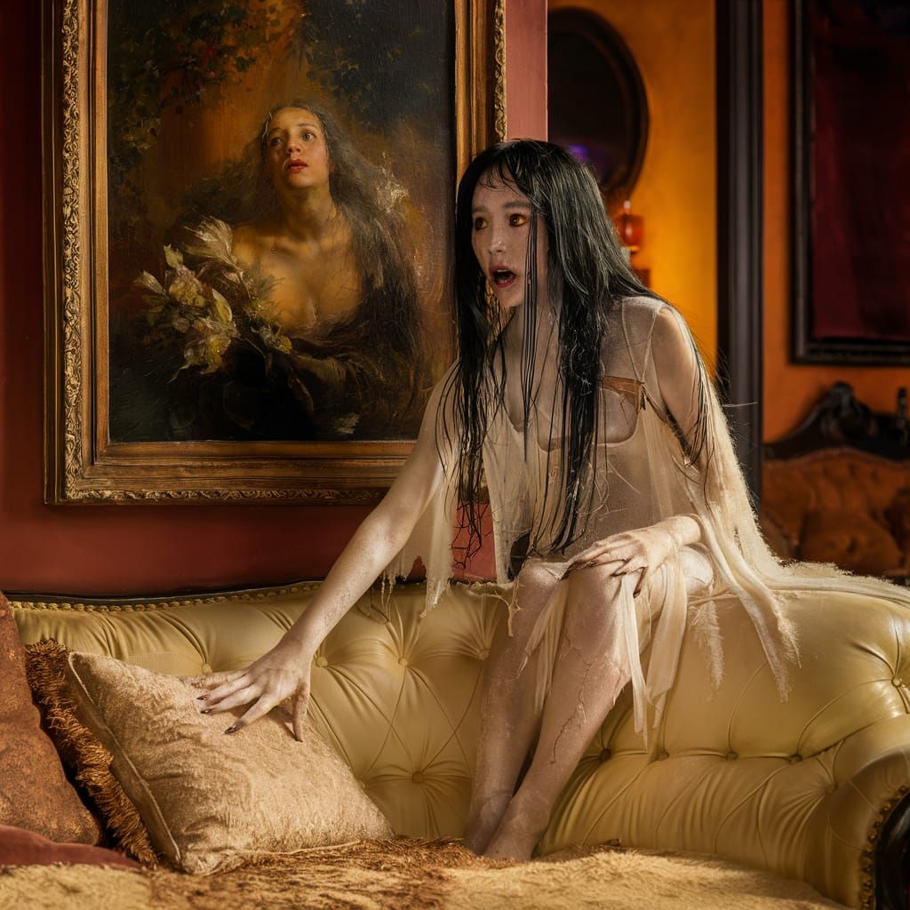 A delicate, Japanese-style female ghost with a white, torn shroud and long, wet black hair, her face a mix of fear and d...