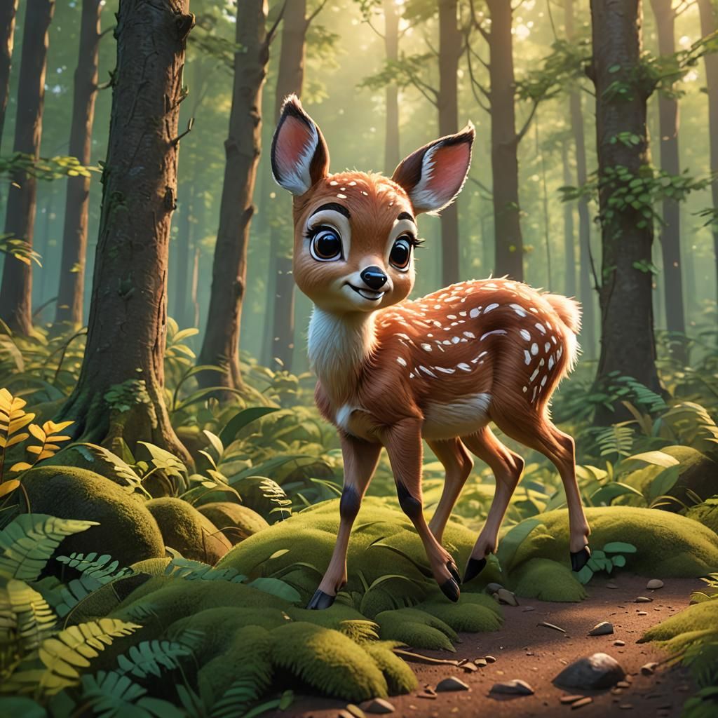 Whimsical Baby Deer Runs Through Vibrant Forest in 3D Digita...