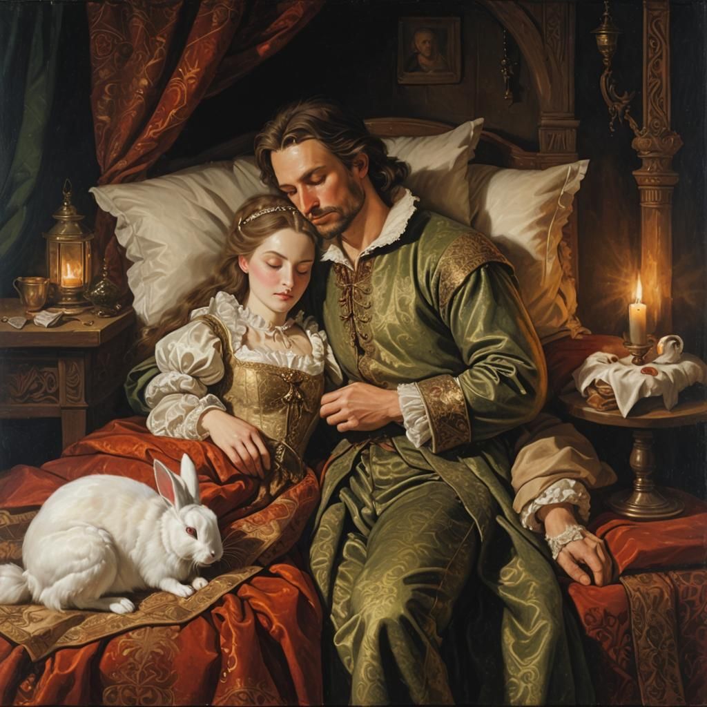 Medieval Lord and Lady in Cozy Nighttime Scene with Small Wh...