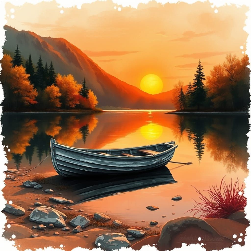 Vintage Rowboat on Serene New England Lake