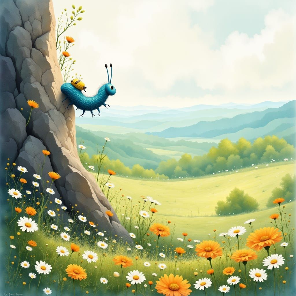 Caterpillar Reaches Summit of Rock, Surveys Meadow