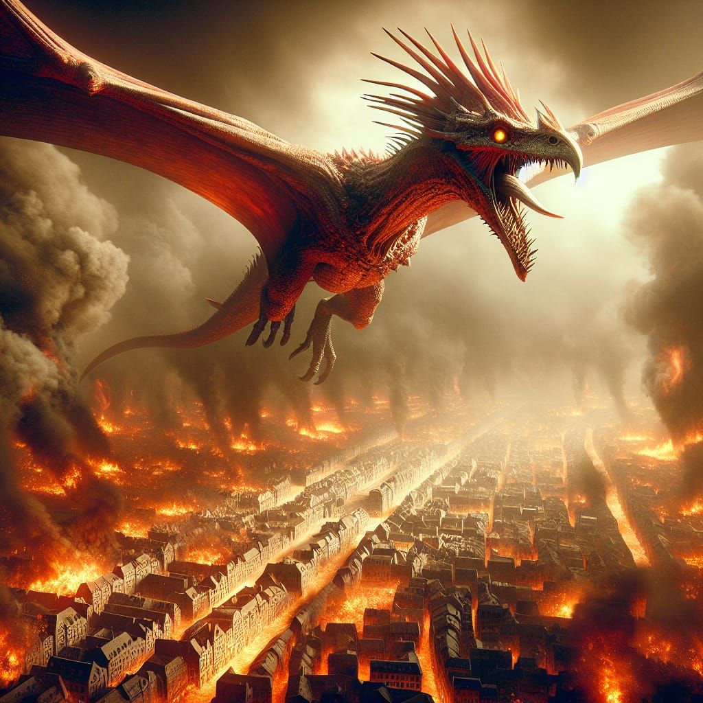 Apocalyptic Pterosaur Devastates Fiery Metropolis in Digital...