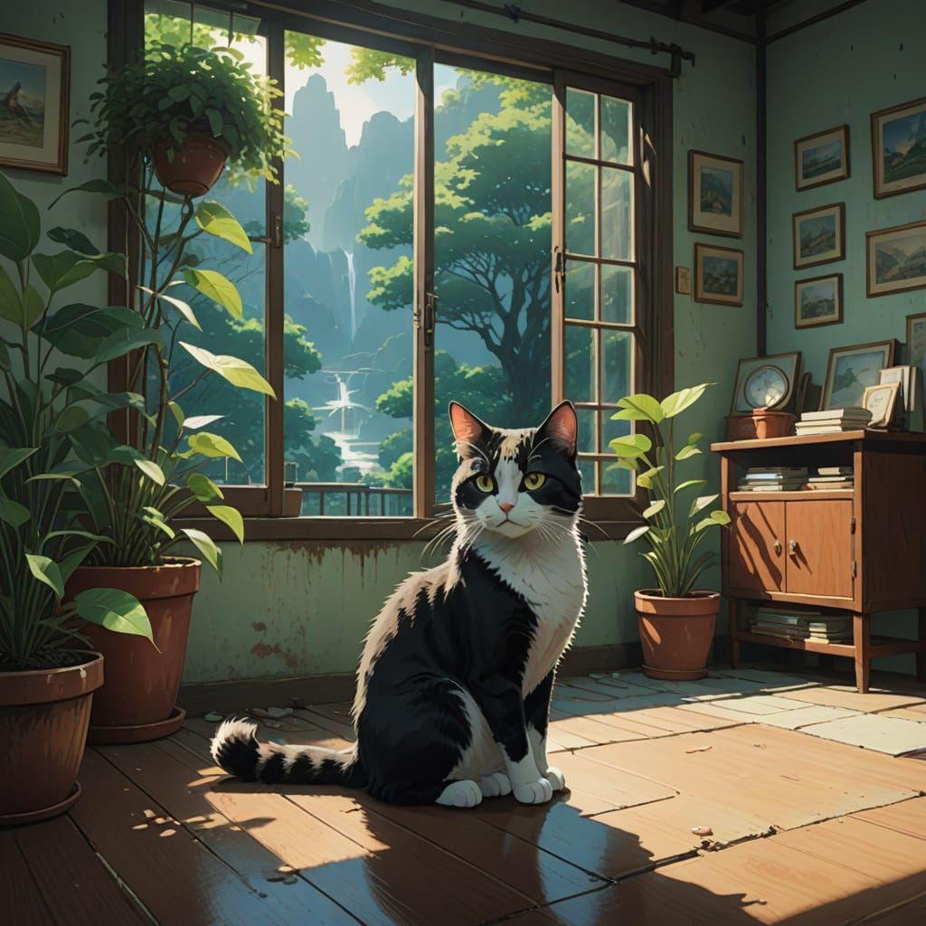 Ethereal Ballerina Cat in Whimsical Greenhouse Scene