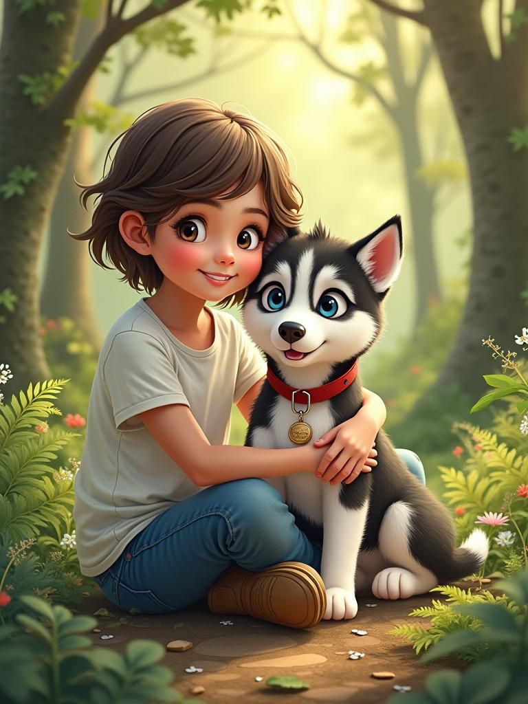 Realistic Watercolor of Girl and Her Loyal Siberian Husky Pu...